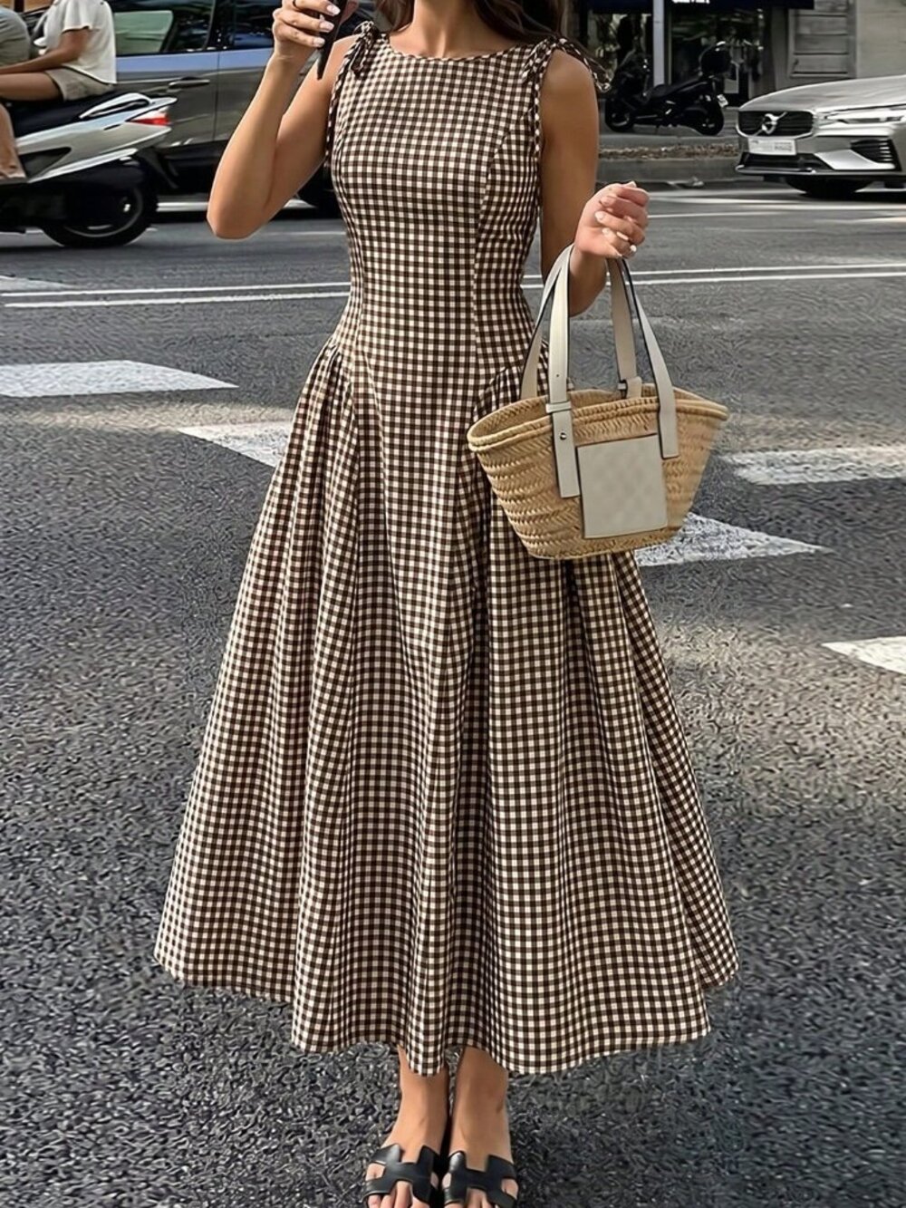 Brown Elegant Women's Sleeveless Plaid Waist-Cinching A-Line Midi Dress - Picture 3 of 8